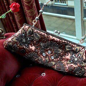 Chocolate Brown Vintage Fashion Express Beaded Evening Handbag w/ beaded handle